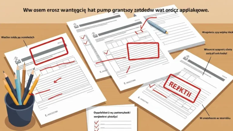 Ilustracja przedstawiająca błędy we wnioskach o dotację na pompę ciepła: formularze z poprawionym tekstem, stempel odrzucenia, lista kontrolna