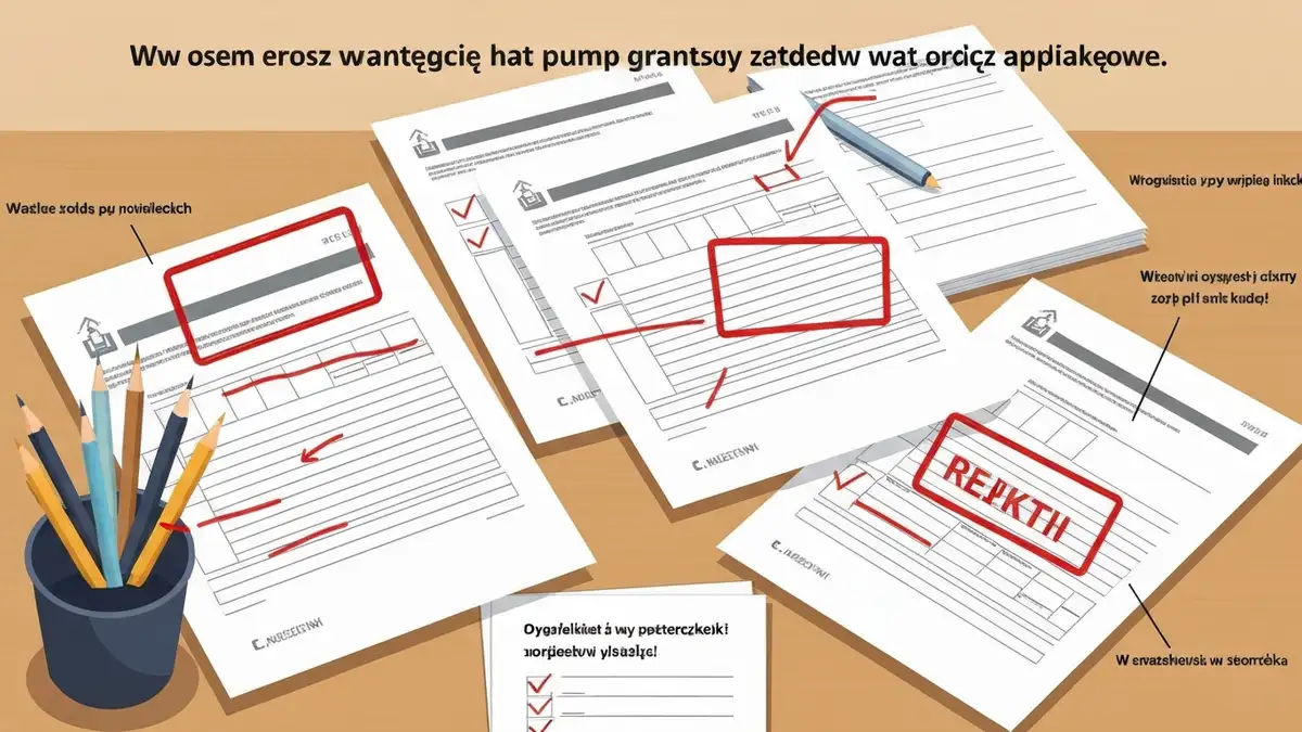 Ilustracja przedstawiająca błędy we wnioskach o dotację na pompę ciepła: formularze z poprawionym tekstem, stempel odrzucenia, lista kontrolna