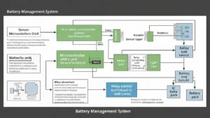 Schemat blokowy Battery Management System w magazynie energii – czujniki, mikroprocesor, przekaźniki ochrony