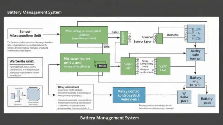 Schemat blokowy Battery Management System w magazynie energii – czujniki, mikroprocesor, przekaźniki ochrony