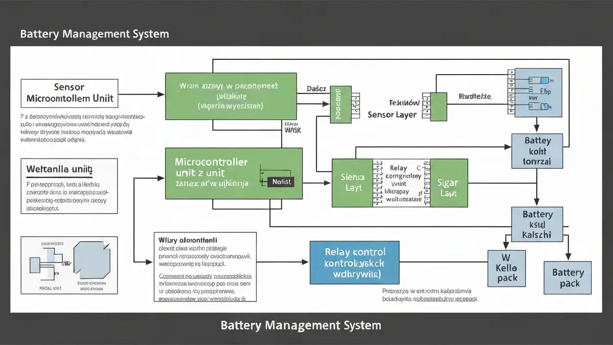 Schemat blokowy Battery Management System w magazynie energii – czujniki, mikroprocesor, przekaźniki ochrony