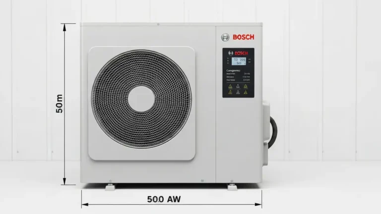 Pompa ciepła Bosch Compress 7000i AW umieszczona na białym tle z widokiem frontalnym i bocznym