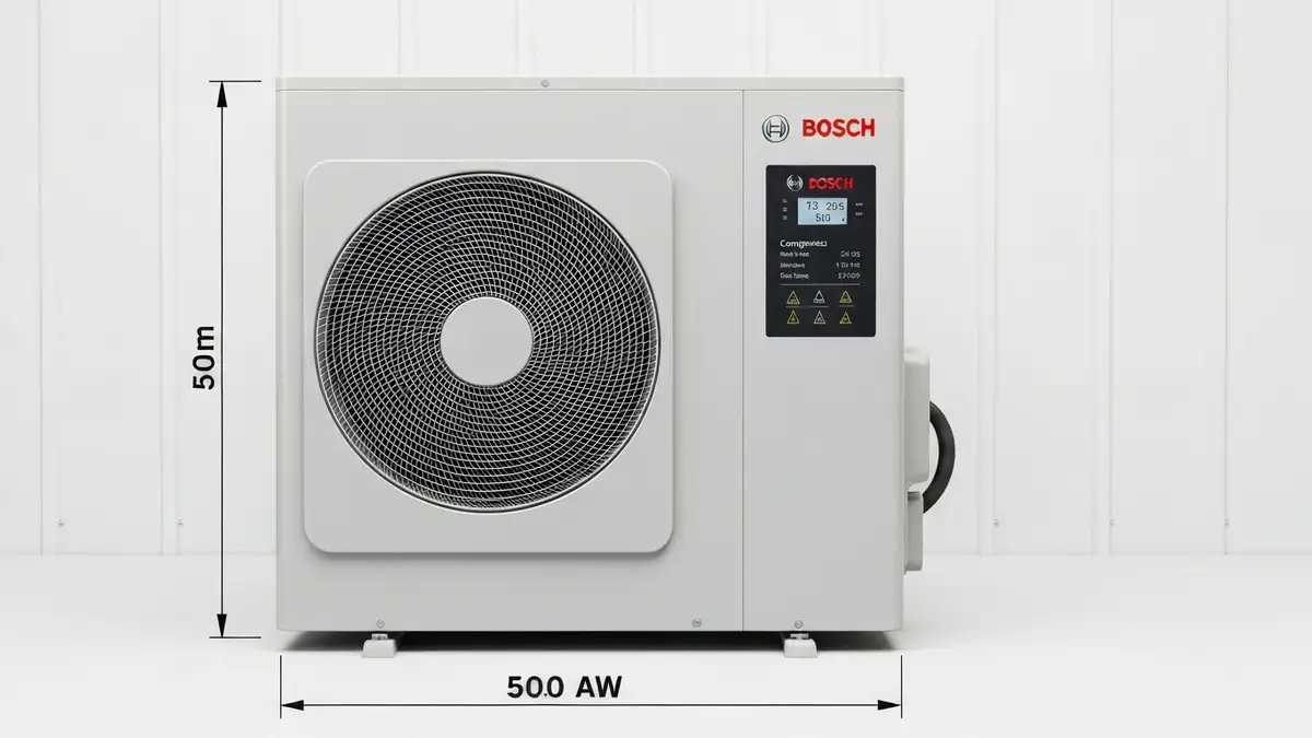 Pompa ciepła Bosch Compress 7000i AW umieszczona na białym tle z widokiem frontalnym i bocznym