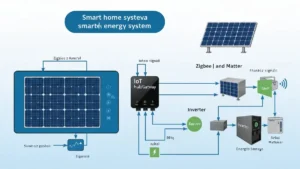Schemat systemu smart home z bramką IoT, panelami słonecznymi, falownikiem, magazynem energii i urządzeniami domowymi