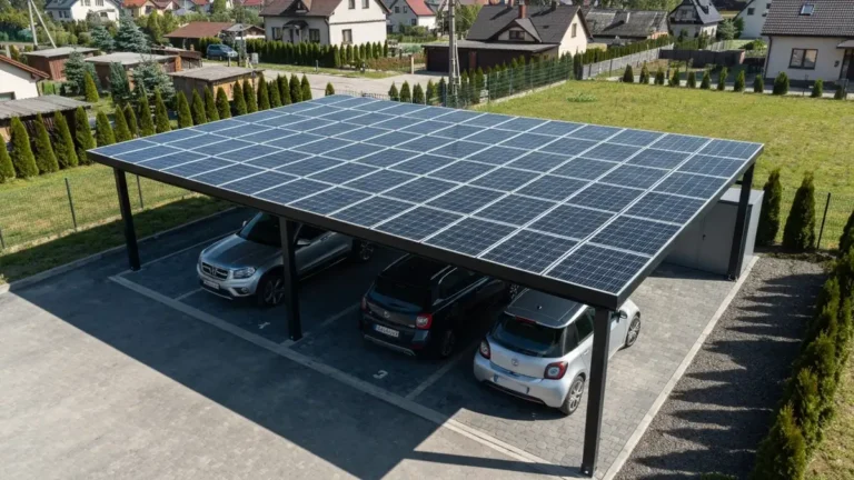 Carport solarny z panelami fotowoltaicznymi nad dwoma samochodami, estructura nośna stalowa, panele słoneczne zorientowane na południe