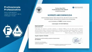 Certyfikat F-gaz – dokument uprawnień instalatora z pieczęcią akredytacyjną i danymi certyfikowanego specjalisty