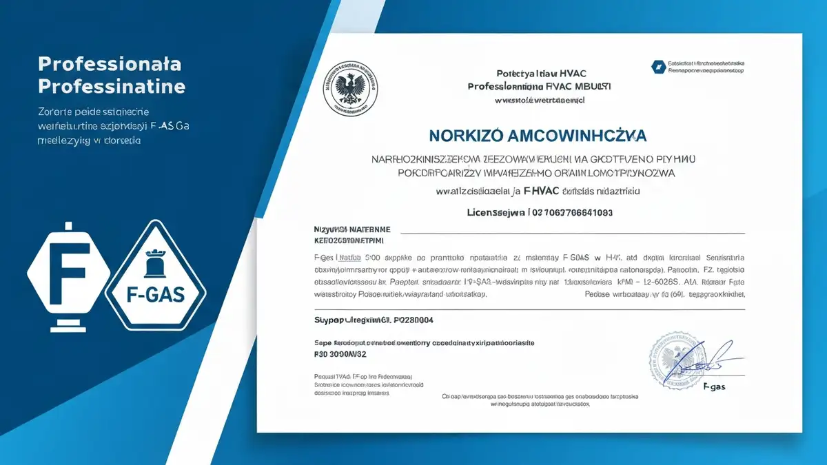 Certyfikat F-gaz – dokument uprawnień instalatora z pieczęcią akredytacyjną i danymi certyfikowanego specjalisty
