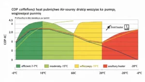 Wykres spadku COP pompy ciepła przy temperaturach -15°C i -20°C zimą