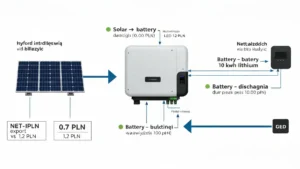 Schemat magazynu energii podłączonego do instalacji fotowoltaicznej z wskazaniem przepływu energii i net-billingu
