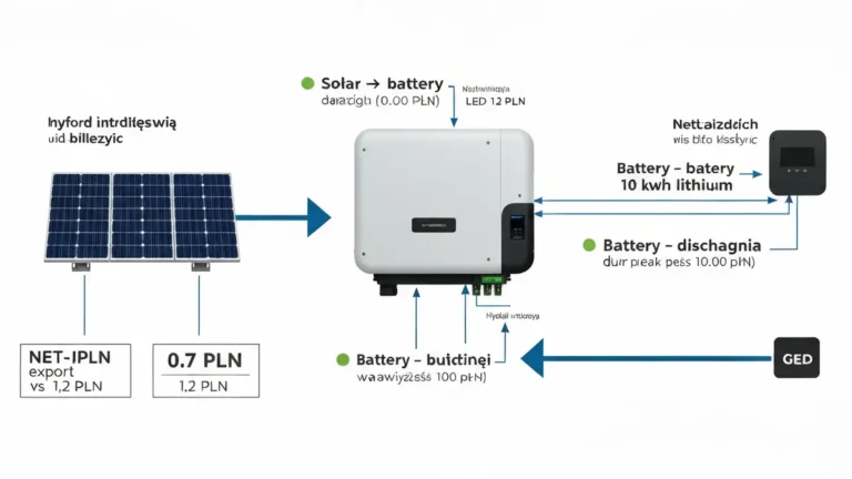 Schemat magazynu energii podłączonego do instalacji fotowoltaicznej z wskazaniem przepływu energii i net-billingu