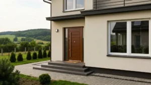 Nowe okna i drewniane drzwi wejściowe domu z dofinansowaniem z programu Czyste Powietrze