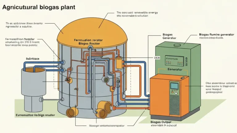 Schematyczny diagram biogazowni rolniczej z reaktorem fermentacyjnym, rurami do surowców i urządzeniami do produkcji energii elektrycznej