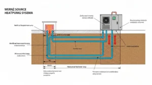 Schematyczny diagram gruntowej pompy ciepła z sondą pionową i kolektorem poziomym, pokazujący przepływ ciepła z gruntu do systemu grzewczego domu