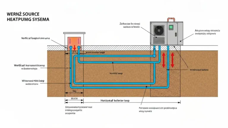 Schematyczny diagram gruntowej pompy ciepła z sondą pionową i kolektorem poziomym, pokazujący przepływ ciepła z gruntu do systemu grzewczego domu