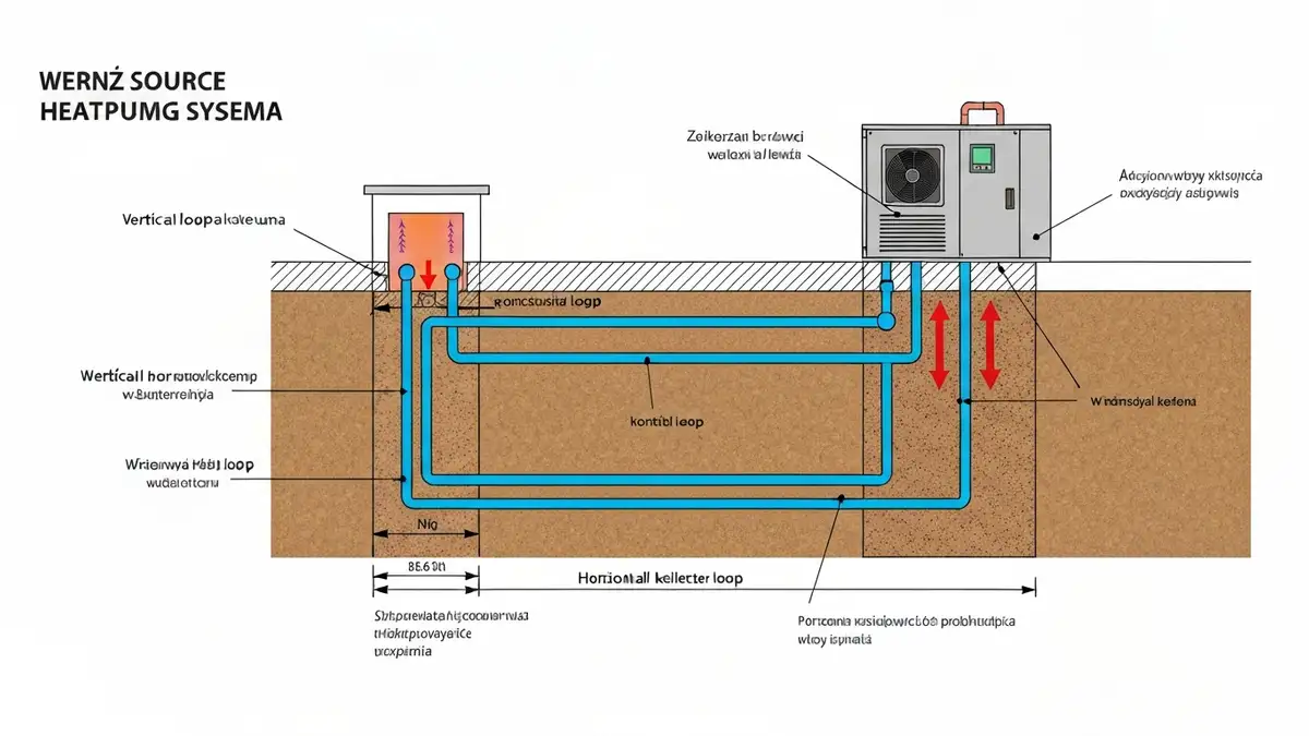 Schematyczny diagram gruntowej pompy ciepła z sondą pionową i kolektorem poziomym, pokazujący przepływ ciepła z gruntu do systemu grzewczego domu