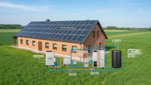 Pompa ciepła w gospodarstwie rolnym – instalacja powietrze-woda z panelami fotowoltaiki