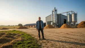 Rolnik przy budynku maszyn rolniczych z instalacją do produkcji peletu, otoczony polami i lasem