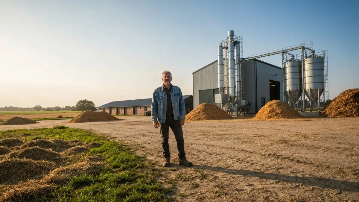 Rolnik przy budynku maszyn rolniczych z instalacją do produkcji peletu, otoczony polami i lasem