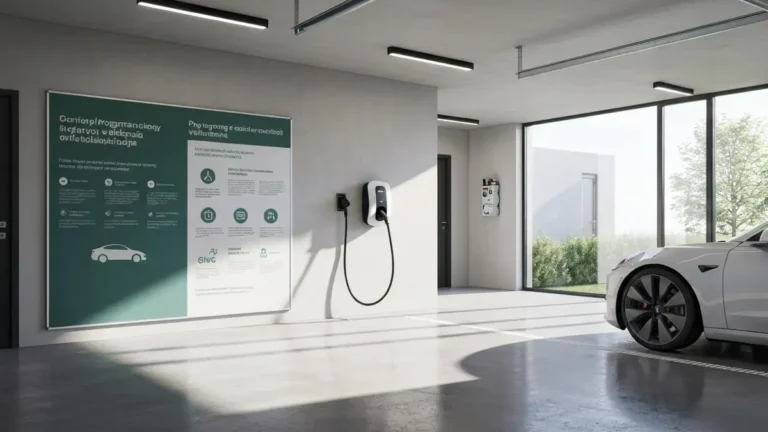 Ładowarka wallbox do samochodu elektrycznego zamontowana na ścianie garażu, obok tabletki informacyjnej o programach dotacji