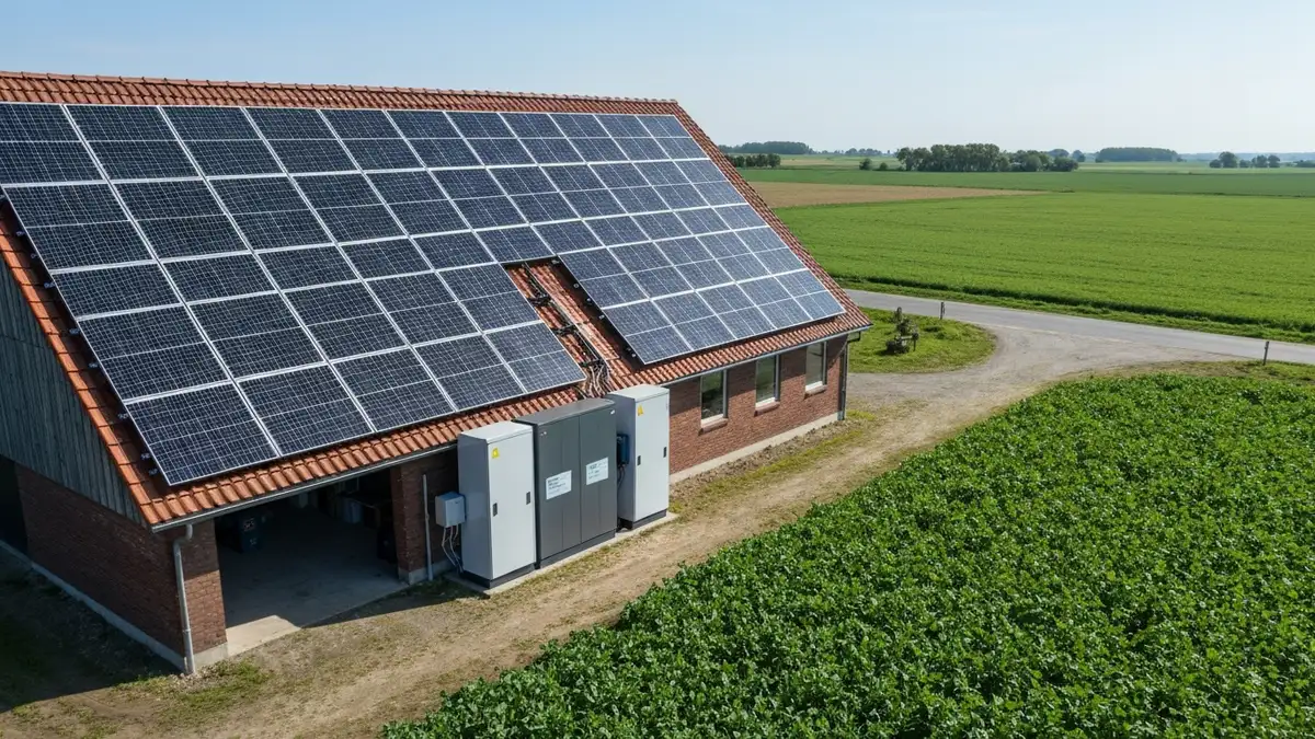 Magazyn energii bateria słoneczna w gospodarstwie rolnym z panelami fotowoltaicznymi na dachu