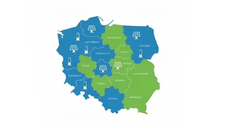 Mapa Polski z ikonami OZE i logotypami WFOŚiGW – lokalne dotacje na fotowoltaike i pompy ciepla 2026