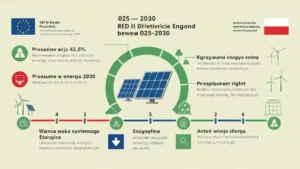 Infografika pokazująca kluczowe zmiany dyrektywy RED III dla Polski: cel 42,5 procent OZE do 2030, nowe prawa prosumenta, wspólnoty energetyczne, magazyny energii