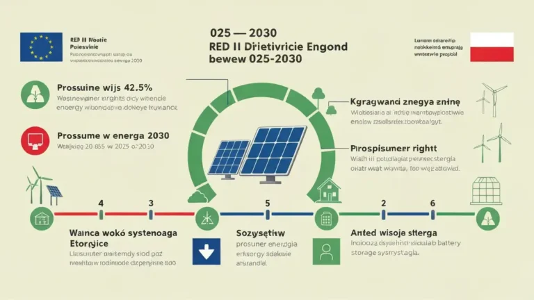 Infografika pokazująca kluczowe zmiany dyrektywy RED III dla Polski: cel 42,5 procent OZE do 2030, nowe prawa prosumenta, wspólnoty energetyczne, magazyny energii