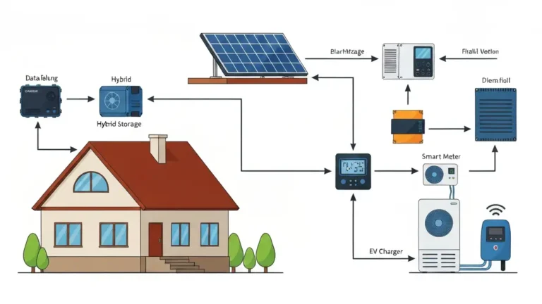 Schemat systemu EMS w domu jednorodzinnym z panelami fotowoltaicznymi, magazynem energii i falownikiem