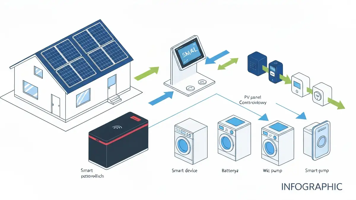 Schemat działania systemu EMS zarządzania energią w domu z panelami fotowoltaicznymi i magazynem energii
