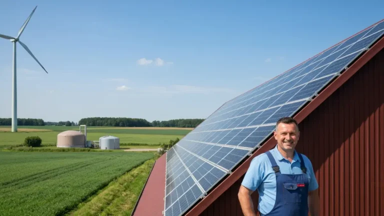 Rolnik stojacy przy instalacji fotowoltaicznej na dachu obory, z turbina wiatrowa i biogazownia w tle – program Energia dla Wsi 2026