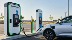 Stacja wymiany akumulatorów EnerSwap z samochodem elektrycznym podłączonym do urządzenia do automatycznej wymiany baterii