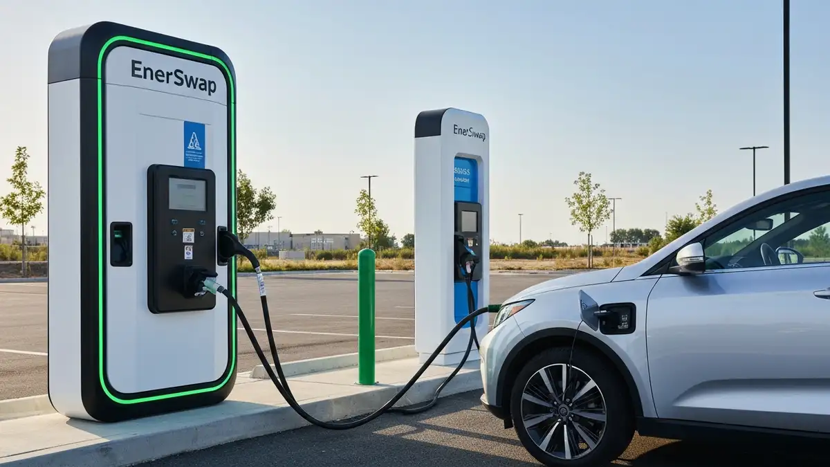 Stacja wymiany akumulatorów EnerSwap z samochodem elektrycznym podłączonym do urządzenia do automatycznej wymiany baterii