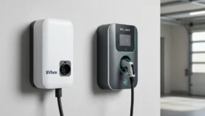 Porównanie ładowarek EVBox Elvi i Wallbox Pulsar – dwie stacje ładowania montowane na ścianach garażu