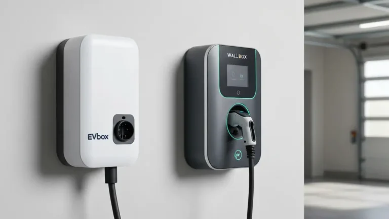 Porównanie ładowarek EVBox Elvi i Wallbox Pulsar – dwie stacje ładowania montowane na ścianach garażu