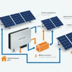 Schemat działania falownika hybrydowego z przepływem energii między panelami PV, akumulatorem i siecią