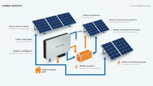 Schemat działania falownika hybrydowego z przepływem energii między panelami PV, akumulatorem i siecią