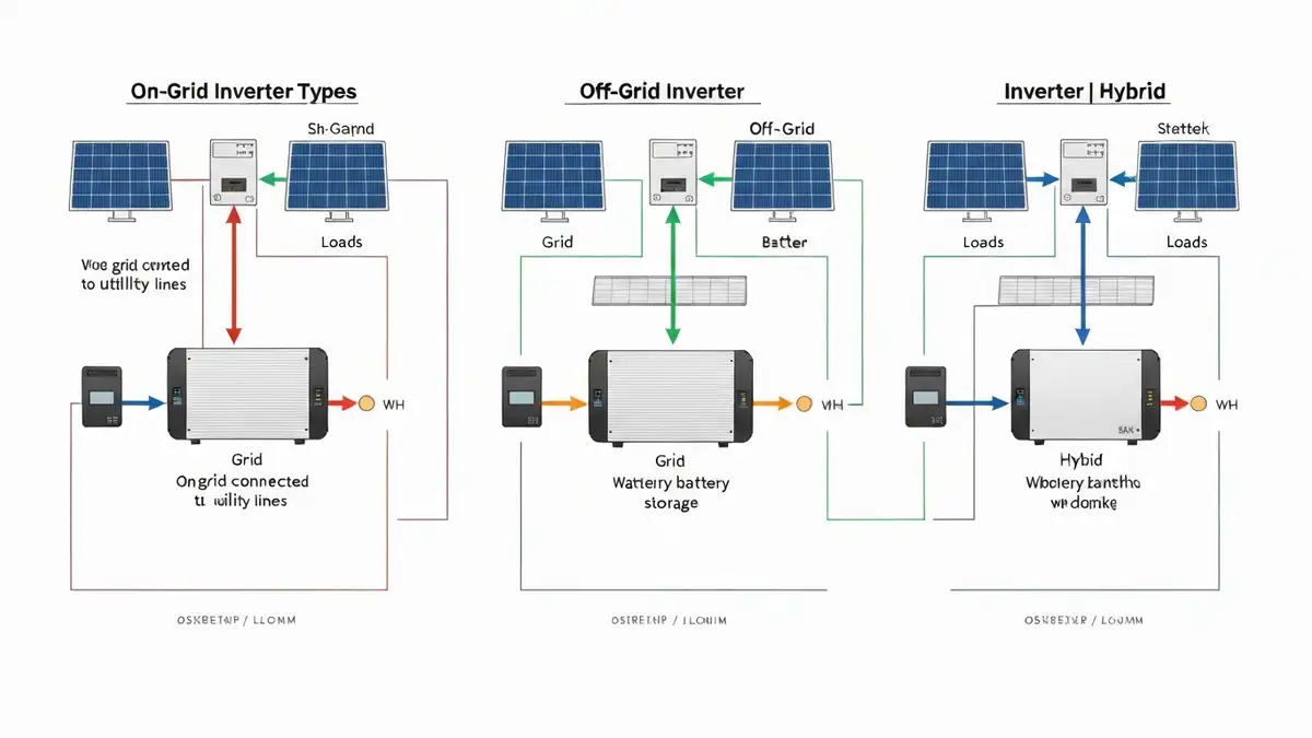 Schemat porównania trzech typów falowników: on-grid, off-grid i hybrydowy