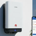 Falownik Huawei SUN2000 montowany na ścianie domu z systemem monitoringu FusionSolar wyświetlanym na ekranie smartfona