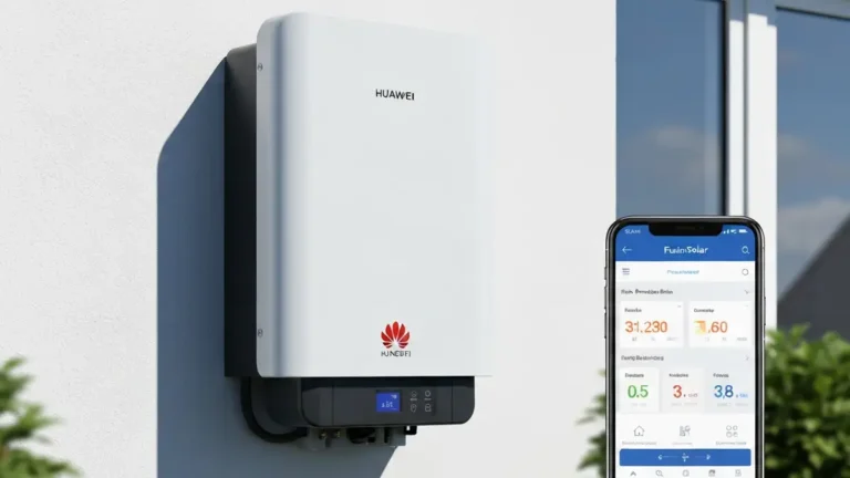 Falownik Huawei SUN2000 montowany na ścianie domu z systemem monitoringu FusionSolar wyświetlanym na ekranie smartfona