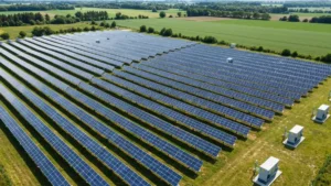 Farma fotowoltaiczna z tysiącami paneli słonecznych na terenie gruntów rolnych, inwertery sieciowe widoczne z przodu instalacji