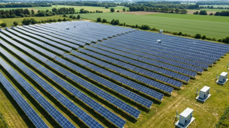 Farma fotowoltaiczna z tysiącami paneli słonecznych na terenie gruntów rolnych, inwertery sieciowe widoczne z przodu instalacji