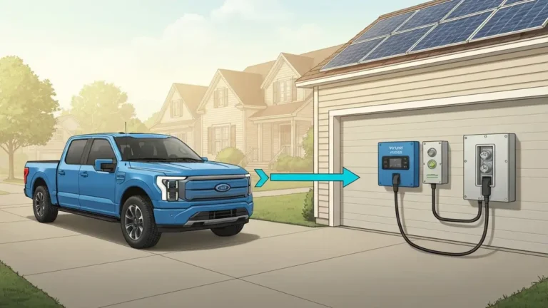 Ford F-150 Lightning podłączony do wallboxa V2H zasilającego dom ze słonecznego nieba i paneli fotowoltaicznych na dachu