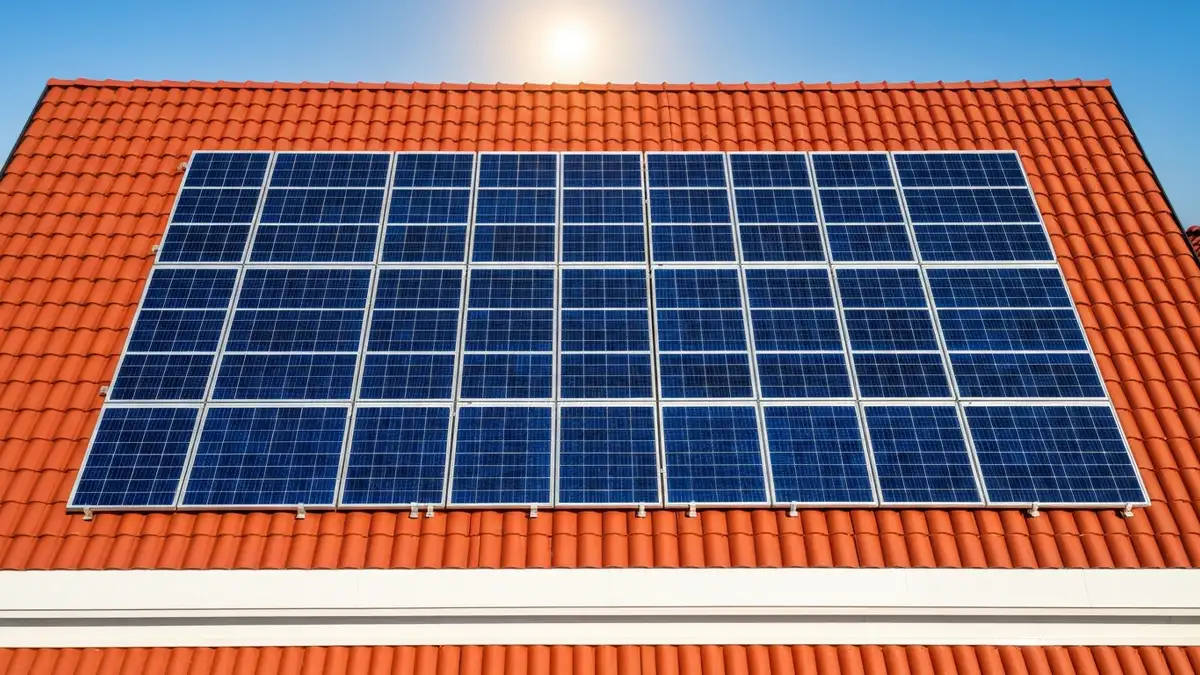 Dach domu z panelami fotowoltaiki 10 kW, trzy rzędy po 5-6 paneli słonecznych, niebieskie panele na tle dachu czerwonego, słoneczny dzień