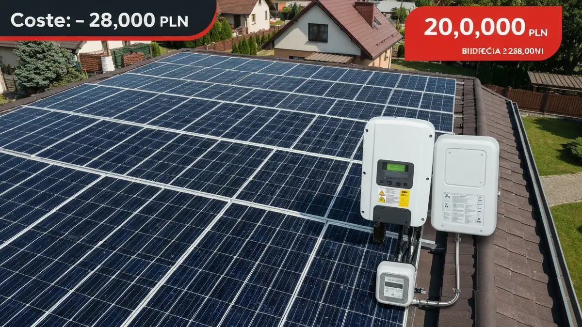 Instalacja paneli słonecznych 5 kW na dachu domu jednorodzinnego z widokiem na inwerter i licznik energii