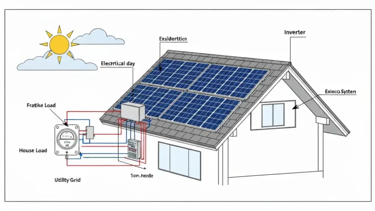 Schemat systemu fotowoltaiki 8 kW na dachu domu jednorodzinnego z panelami, inwerterem i licznikiem