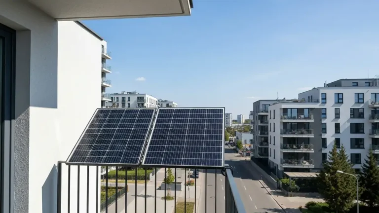 Zestaw fotowoltaiki balkonowej plug-and-play zamontowany na balustradzie balkonu w bloku mieszkalnym