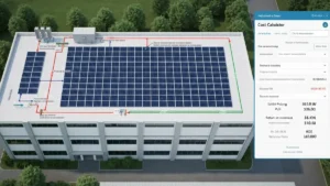 Mapa dachu fabryki z naniesionymi panelami fotowoltaiki 30-50 kW, schematem połączeń i wyświetlaną kalkulacją kosztów w walucie polskiej