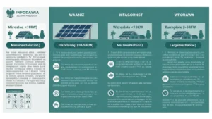 Porównanie wymogów dla instalacji fotowoltaicznych: mikroinstalacja do 10 kW, mała instalacja 10–50 kW bez koncesji, instalacja powyżej 50 kW z wymogiem koncesji