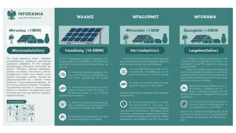 Porównanie wymogów dla instalacji fotowoltaicznych: mikroinstalacja do 10 kW, mała instalacja 10–50 kW bez koncesji, instalacja powyżej 50 kW z wymogiem koncesji
