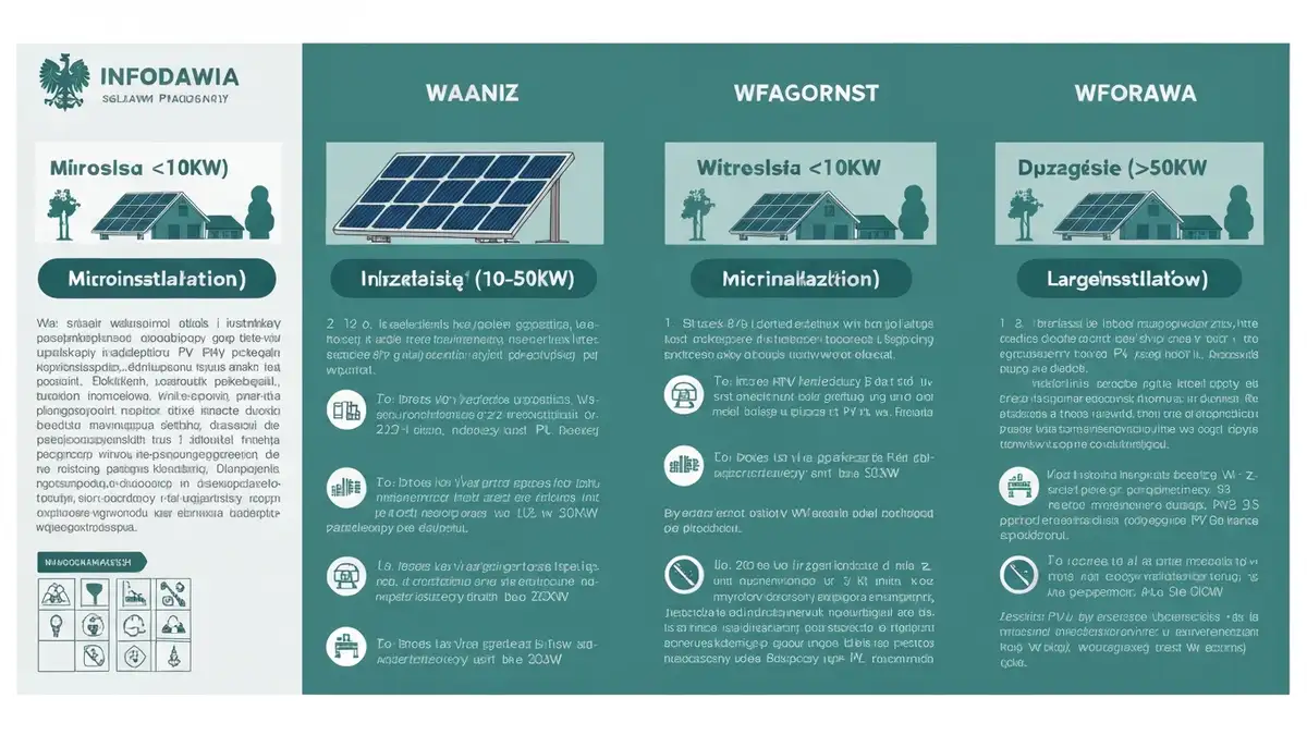 Porównanie wymogów dla instalacji fotowoltaicznych: mikroinstalacja do 10 kW, mała instalacja 10–50 kW bez koncesji, instalacja powyżej 50 kW z wymogiem koncesji